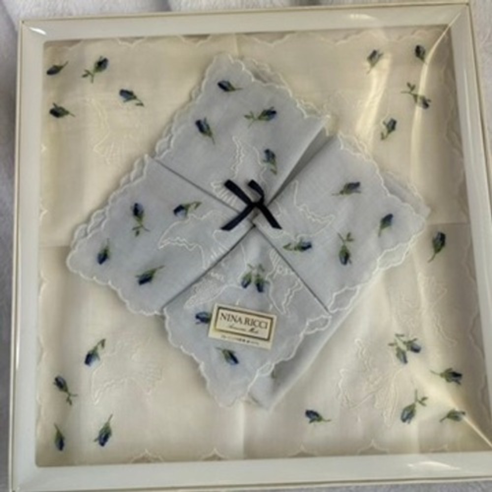 Nina Ricci Scarf Handkerchief Floral Embroidered Cotton White Blue Scalloped
